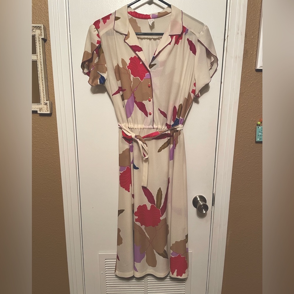 Vintage 70’s 80’s Floral Midi Sheer Tie Waist Dress M